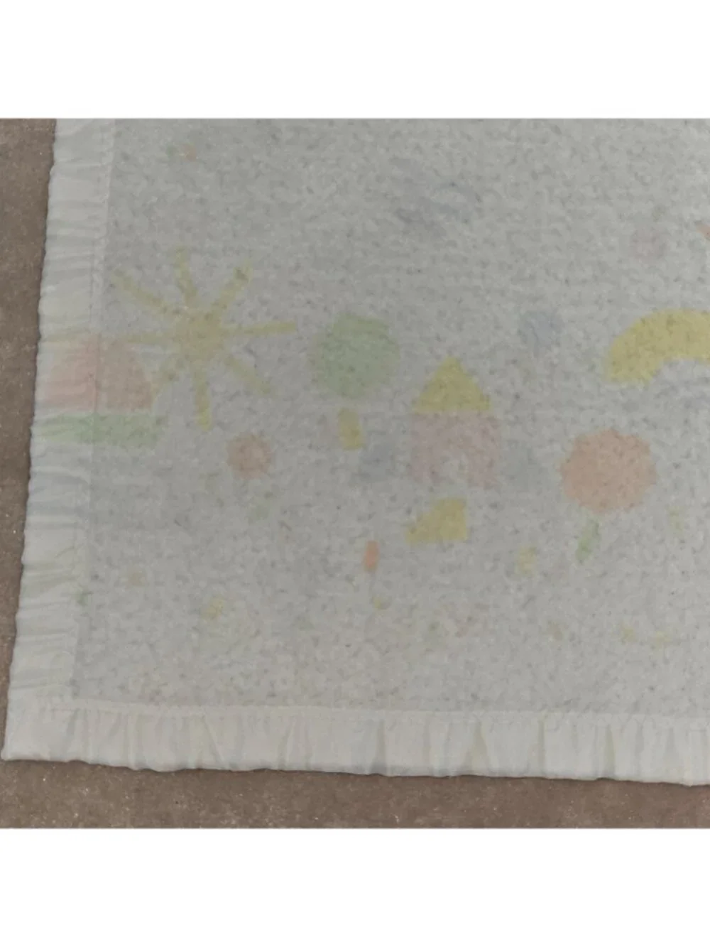 VTG WPL 1675 Acrylic Baby Blanket Satin Trim Boat Train Sun Tree FADED AS IS